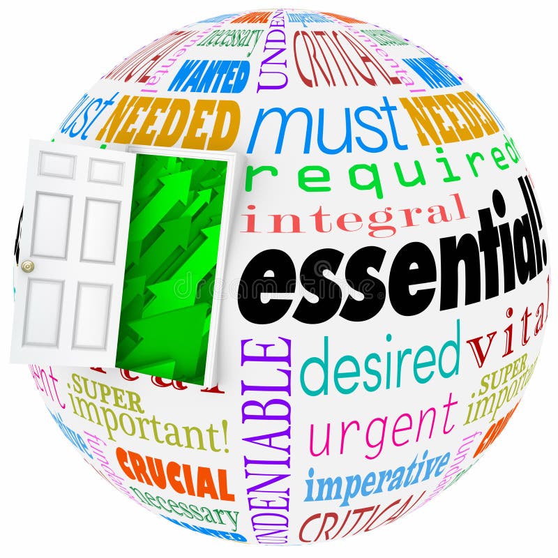 Essential and related words like vital, crucial, important, wanted, needed, undeniable and necessary on a globe with open door leading to a successful future. Essential and related words like vital, crucial, important, wanted, needed, undeniable and necessary on a globe with open door leading to a successful future