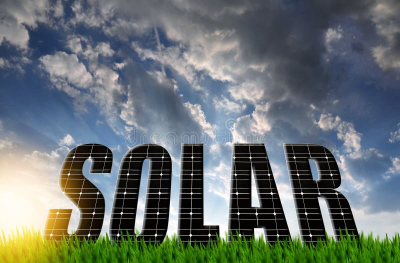 Le mot solaire des panneaux à énergie solaire photo libre de droits Le mot solaire des panneaux à énergie solaire photo libre de droits