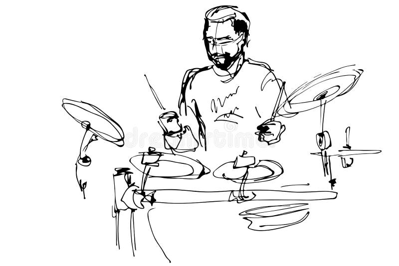 Le musicien avec une barbe joue des tambours de bruit illustration stock Le musicien avec une barbe joue des tambours de bruit illustration stock