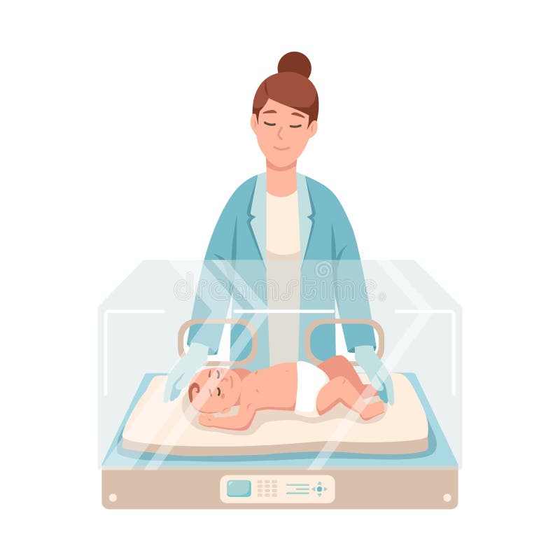Le nourrisson nouveau-né prématuré se trouve à l'intérieur de l'unité néonatale de soins intensifs, le médecin féminin ou l'infir illustration de vecteur Le nourrisson nouveau-né prématuré se trouve à l'intérieur de l'unité néonatale de soins intensifs, le médecin féminin ou l'infir illustration de vecteur