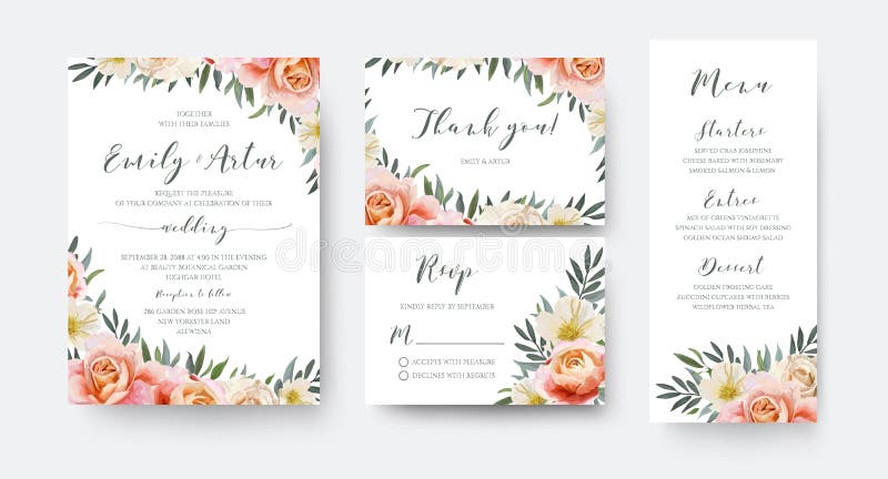 Le nozze floreali invitano, grazie, progettazione di carta del menu del rsvp con il luccio illustrazione vettoriale Le nozze floreali invitano, grazie, progettazione di carta del menu del rsvp con il luccio illustrazione vettoriale