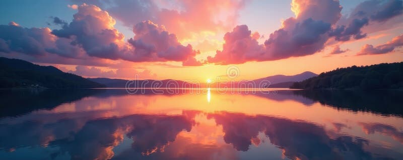 Le nuvole di tramonto del lago Serene riflesse sulla calma immagine del mare illustrazione di stock