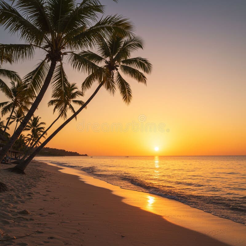Le palme conducono una spiaggia sabbiosa durante il tramonto e gettano ombre sulla sabbia. Il illustrazione vettoriale