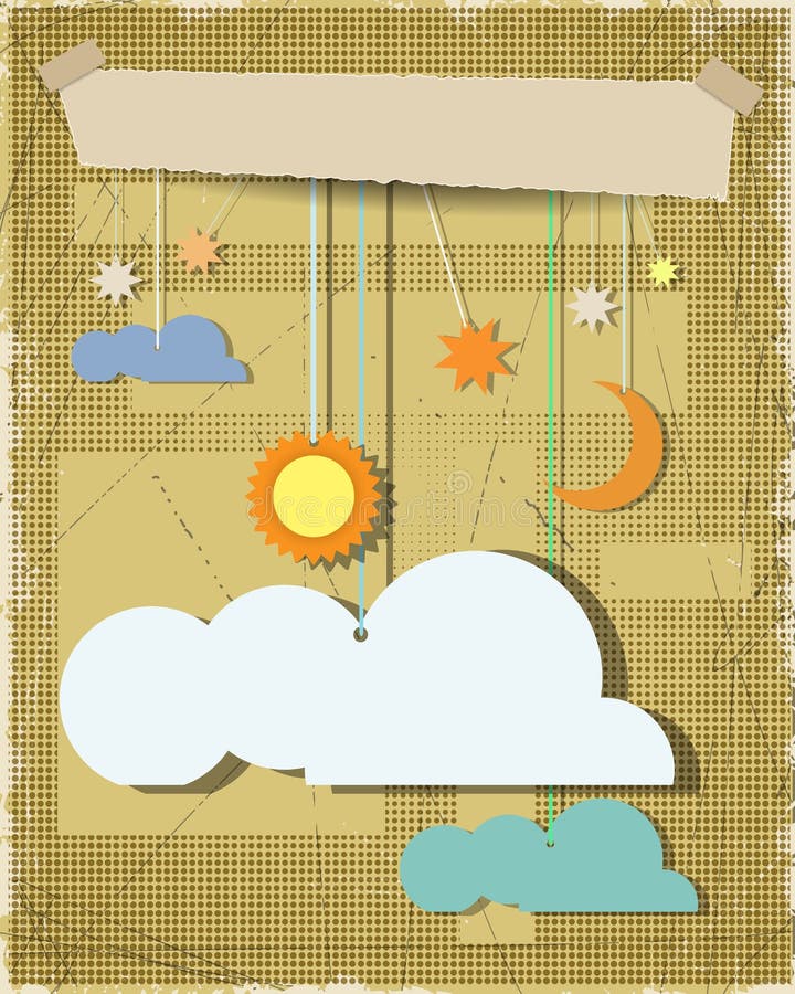 Le papier grunge a donné au fond une consistance rugueuse avec le soleil, l'étoile, lune avec le nuage blanc Élément vide de conc illustration de vecteur Le papier grunge a donné au fond une consistance rugueuse avec le soleil, l'étoile, lune avec le nuage blanc Élément vide de conc illustration de vecteur