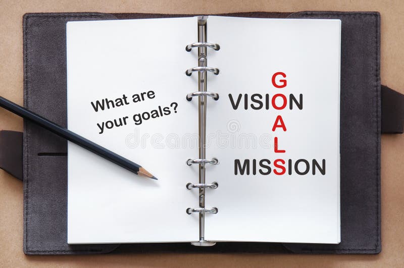 Words of goals, vision and mission on organizer book with pencil, business concept and success idea. Words of goals, vision and mission on organizer book with pencil, business concept and success idea