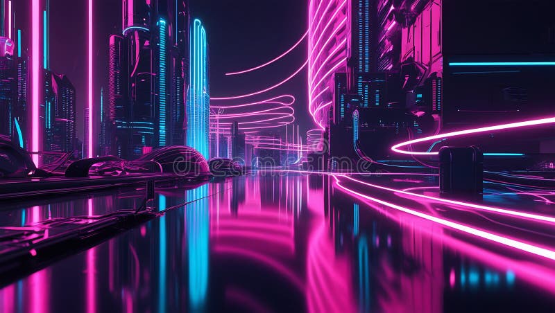 Le paysage futuriste du néon reflétant dans l'eau sombre illustration stock