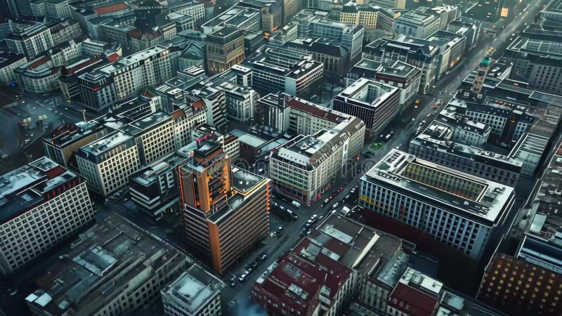 Le paysage urbain révèle un agencement dense de bâtiments et de rues modernes partiellement noyés dans le brouillard, créant une a illustration de vecteur