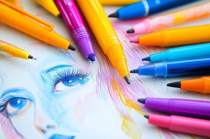 Le penne di pennello colorate in modo chiaro vengono sparse su una pagina artistica di sketch che presenta un'illustrazione accatt immagini stock