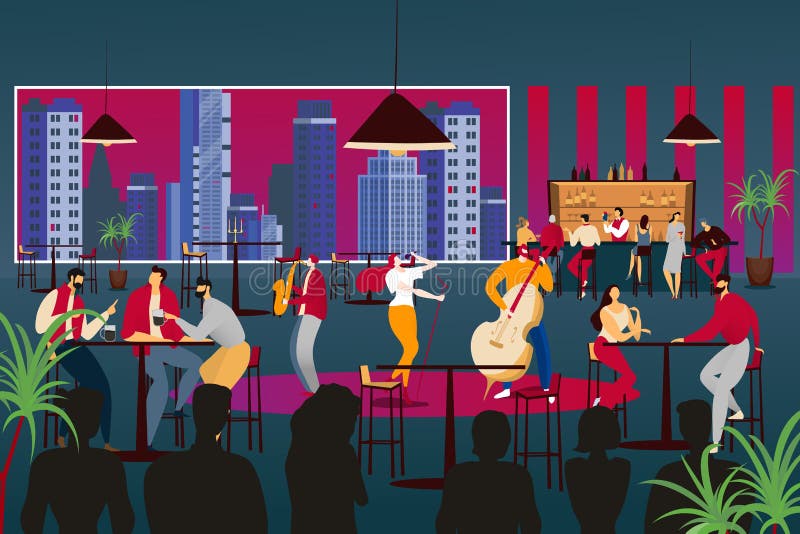 Le persone ascoltano il musicista nella moderna illustrazione vettoriale di design. musica musicale al ristorante jazz Music con illustrazione vettoriale