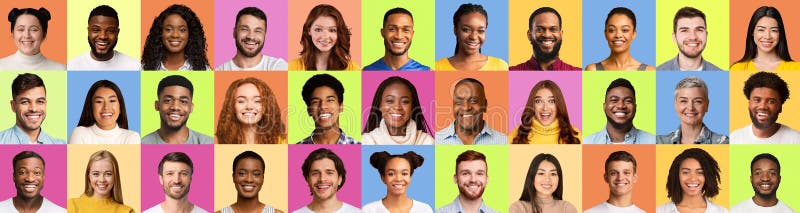 Le Persone Multirazziali Si Trovano Di Fronte A Sorridenti Sorgenti Sulle Diverse Sfondi Colorati Con Pastello immagini stock libere da diritti