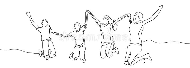 Le persone saltano concetto una singola linea continua disegnando il minimalismo design disegno vettoriale illustrazione, Happy l royalty illustrazione gratis