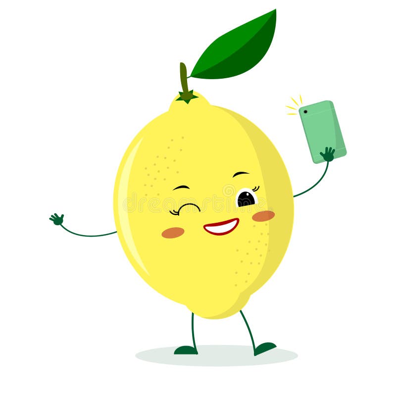 Le personnage de dessin animé mignon de citron avec un smartphone et fait le selfie illustration de vecteur Le personnage de dessin animé mignon de citron avec un smartphone et fait le selfie illustration de vecteur