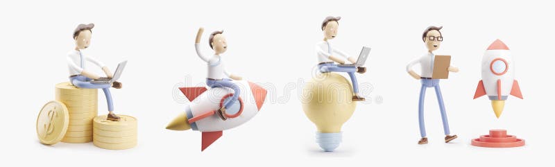 set of 3d illustrations. cartoon character flies on a rocket into space. concept of creativity ind startup. set of 3d illustrations. cartoon character flies on a rocket into space. concept of creativity ind startup.
