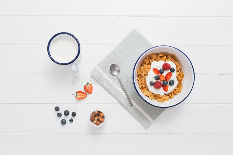Le petit déjeuner sain avec des céréales et les baies dans un émail roulent photographie stock Le petit déjeuner sain avec des céréales et les baies dans un émail roulent photographie stock