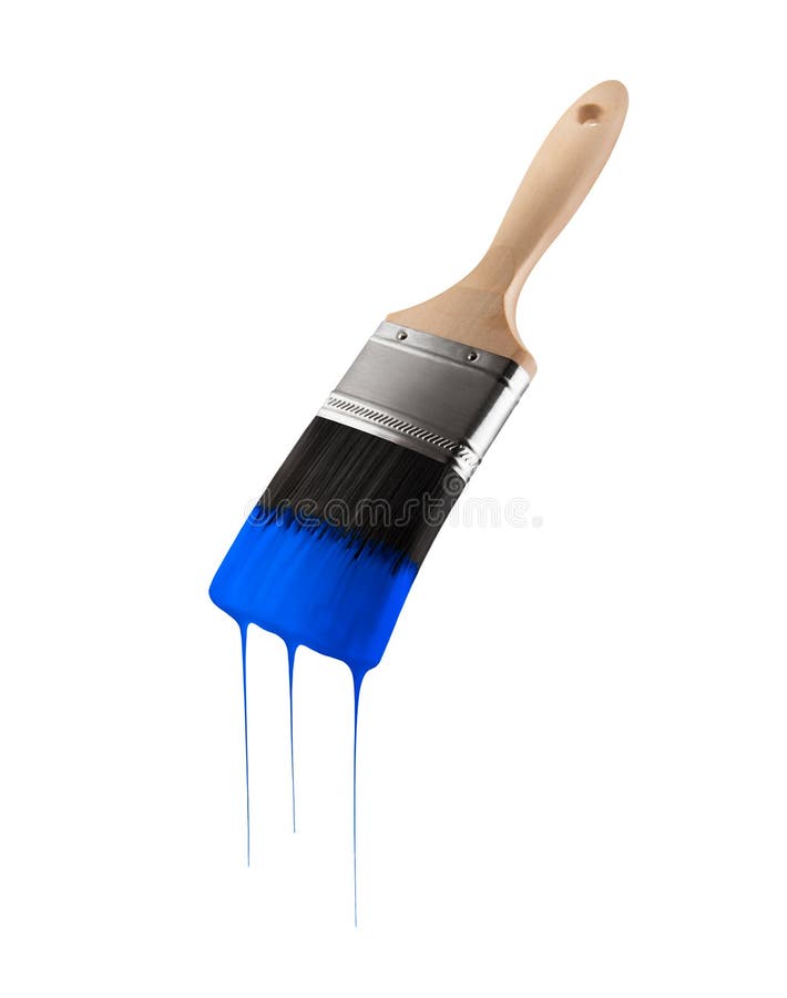Le pinceau a chargé avec la couleur bleue s'égouttant outre des poils
