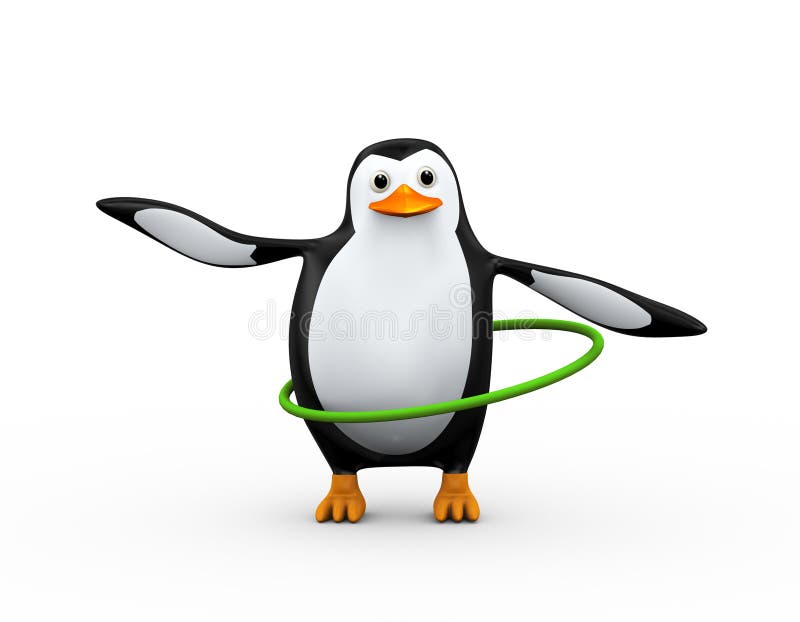 3d illustration of cute penguin doing hula hoop exercise. 3d illustration of cute penguin doing hula hoop exercise