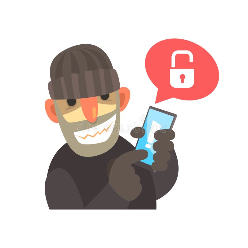 Le pirate informatique de sourire de bande dessinée tenant une bande dessinée entaillée de smartphone dirigent l'illustration illustration libre de droits Le pirate informatique de sourire de bande dessinée tenant une bande dessinée entaillée de smartphone dirigent l'illustration illustration libre de droits