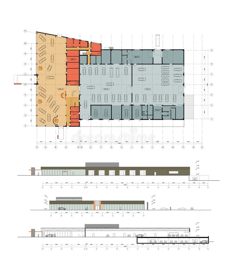 Le plan et la façade du centre automatique illustration de vecteur