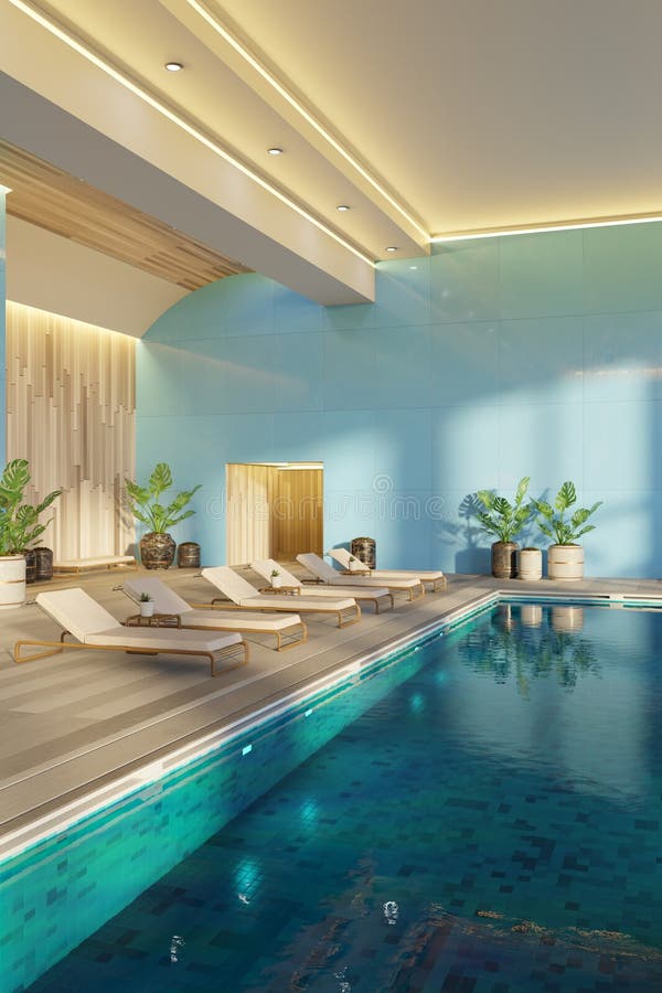 Le poltrone sono disposte da una piscina azzurra in uno spazio elegante all'interno illuminato da luce naturale, che passa attrave illustrazione vettoriale