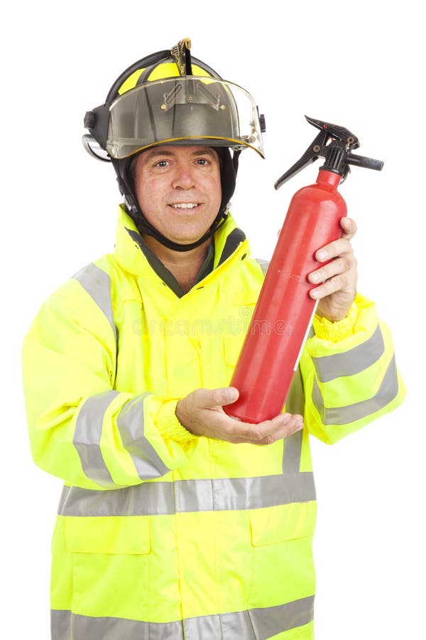 Fire fighter demonstrating how to use a fire extinguisher. Isolated on white. Fire fighter demonstrating how to use a fire extinguisher. Isolated on white.