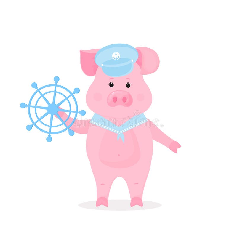 Le porc mignon dans un pare-soleil et un collier de costume de marin tient le volant de bateau Animal drôle Nouvelle année chinoi illustration de vecteur Le porc mignon dans un pare-soleil et un collier de costume de marin tient le volant de bateau Animal drôle Nouvelle année chinoi illustration de vecteur