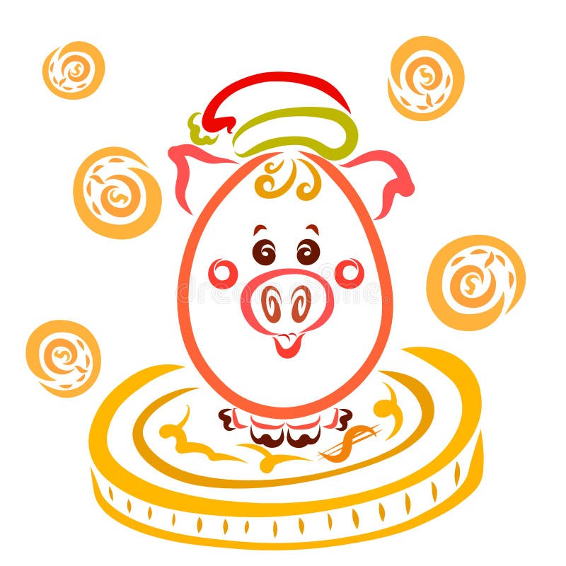 Le porcelet dans un chapeau de Noël se repose sur une grande pièce d'or, argent en baisse illustration libre de droits Le porcelet dans un chapeau de Noël se repose sur une grande pièce d'or, argent en baisse illustration libre de droits