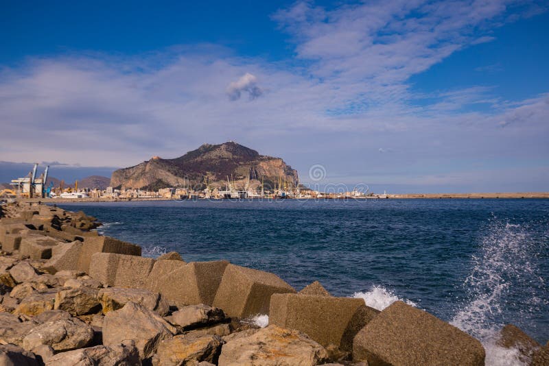 The port with Mount Pellegrino and Utveggio Castle in the background, Palermo, Sicily, Italy. The port with Mount Pellegrino and Utveggio Castle in the background, Palermo, Sicily, Italy