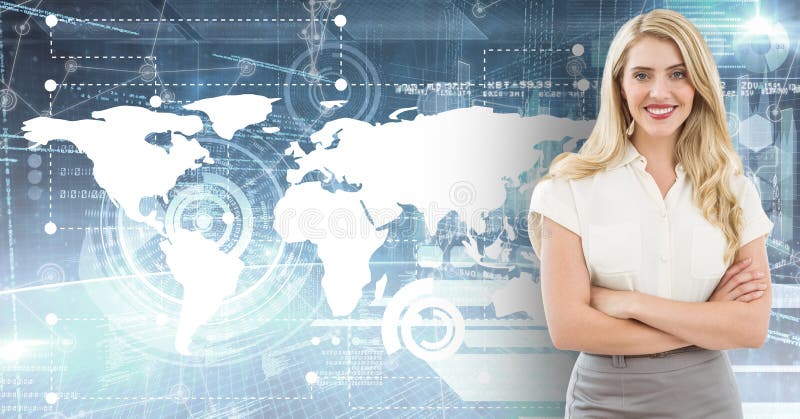 Le portrait de la femme d'affaires de sourire se tenant avec des bras a croisé sur le fond de carte illustration de vecteur Le portrait de la femme d'affaires de sourire se tenant avec des bras a croisé sur le fond de carte illustration de vecteur
