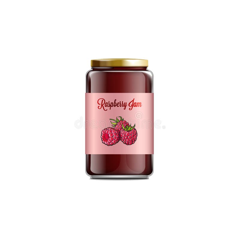 Raspberry jam glass jar labeled with colorful tag realistic vector template illustration isolated on white background. Berry sweet canned jelly or confiture mockup. Raspberry jam glass jar labeled with colorful tag realistic vector template illustration isolated on white background. Berry sweet canned jelly or confiture mockup.