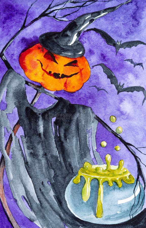 Le potiron Halloween brasse un breuvage magique toxique À l'arrière-plan, battes volantes Illustration d'aquarelle illustration libre de droits Le potiron Halloween brasse un breuvage magique toxique À l'arrière-plan, battes volantes Illustration d'aquarelle illustration libre de droits