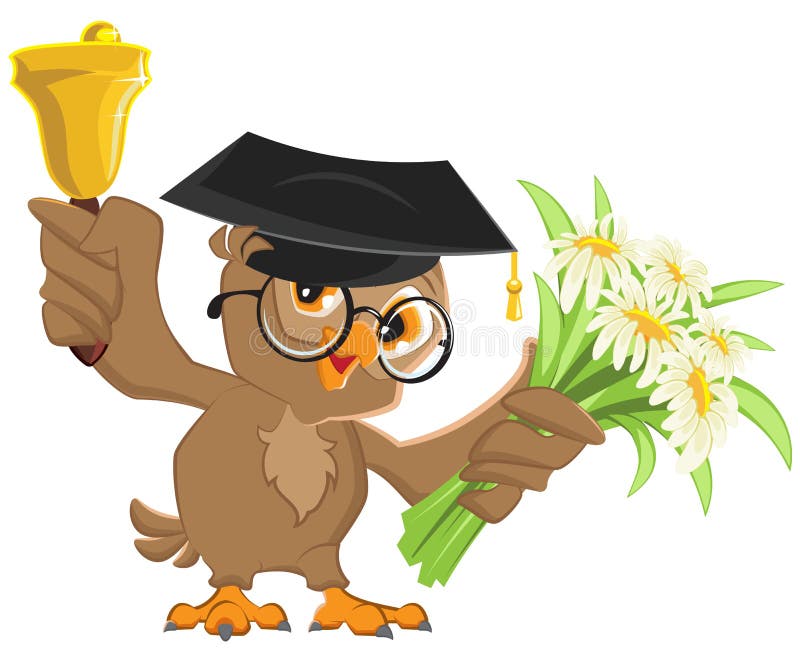 Owl teacher rings the bell and holding flowers. Vector cartoon. Owl teacher rings the bell and holding flowers. Vector cartoon