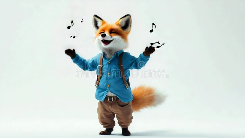 Le renard animé danse joyeusement et chante avec un pantalon bleu brun chemise et des bretelles avec une note de musique flottant illustration stock