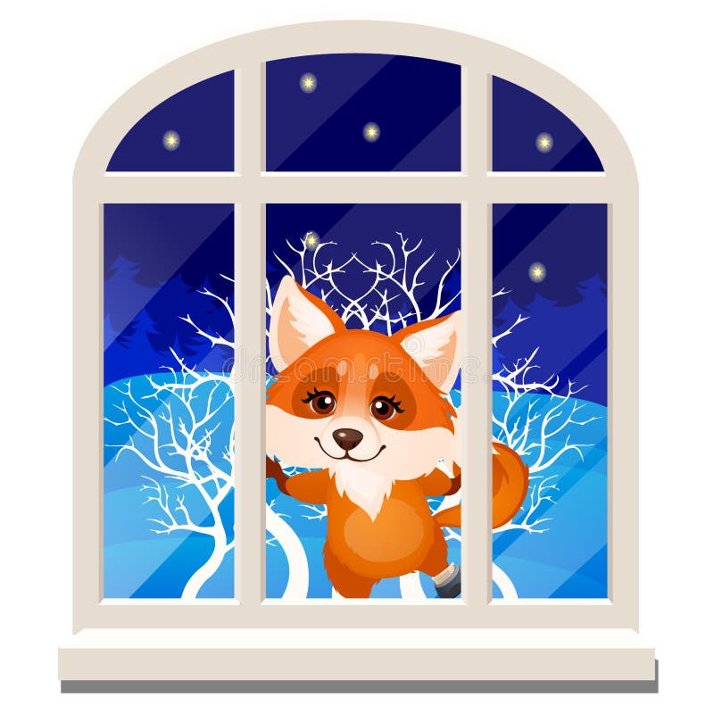 Le renard de sourire gai mignon regarde par la fenêtre d'isolement sur un fond blanc Croquis de Noël de fête illustration libre de droits Le renard de sourire gai mignon regarde par la fenêtre d'isolement sur un fond blanc Croquis de Noël de fête illustration libre de droits