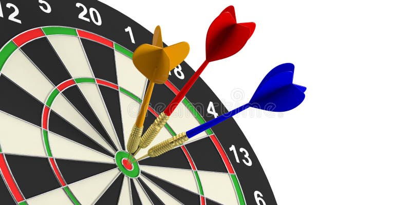 3d rendering colorful darts on target on white background. 3d rendering colorful darts on target on white background
