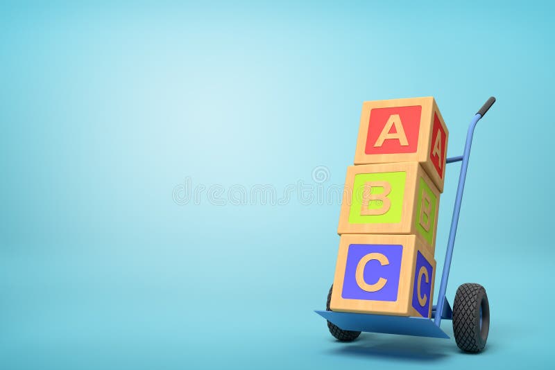 3d rendering of colorful alphabet toy blocks showing `ABC` sign on a hand truck on blue background. Digital art. Objects and materials. Toys and games. 3d rendering of colorful alphabet toy blocks showing `ABC` sign on a hand truck on blue background. Digital art. Objects and materials. Toys and games.