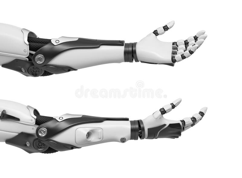 le rendu 3d de l'ensemble de deux mains robotiques noires et blanches avec des paumes s'ouvrent et des doigts décontractés et col illustration libre de droits le rendu 3d de l'ensemble de deux mains robotiques noires et blanches avec des paumes s'ouvrent et des doigts décontractés et col illustration libre de droits