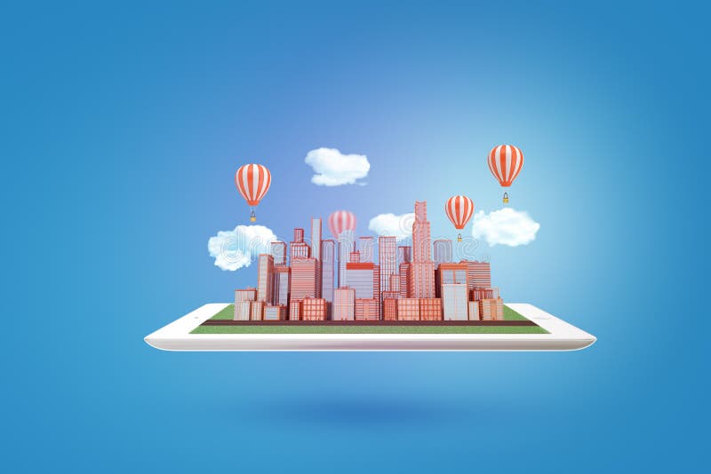 le rendu 3d des gratte-ciel de ville modèlent avec des nuages et des ballons à air sur le comprimé sur le fond bleu illustration libre de droits le rendu 3d des gratte-ciel de ville modèlent avec des nuages et des ballons à air sur le comprimé sur le fond bleu illustration libre de droits