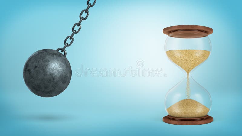 le rendu 3d d'un fer détruisant la boule balance sur une chaîne prête à frapper un grand sablier à moitié sur le fond bleu image libre de droits le rendu 3d d'un fer détruisant la boule balance sur une chaîne prête à frapper un grand sablier à moitié sur le fond bleu image libre de droits