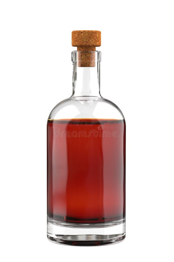 Whiskey, Liquor, Rum or Cognac Bottle is Partially Filled. 3D Close Up Illustration Isolated on White Background. Whiskey, Liquor, Rum or Cognac Bottle is Partially Filled. 3D Close Up Illustration Isolated on White Background.