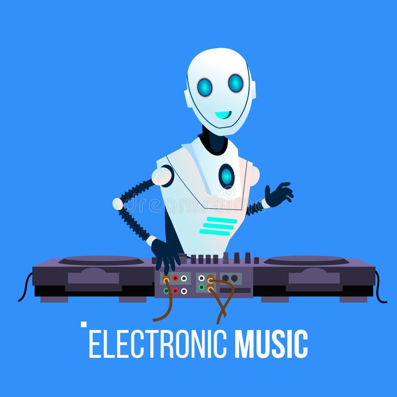 Le robot DJ mène la partie jouant la musique électronique dans le vecteur de boîte de nuit Illustration d'isolement illustration libre de droits Le robot DJ mène la partie jouant la musique électronique dans le vecteur de boîte de nuit Illustration d'isolement illustration libre de droits