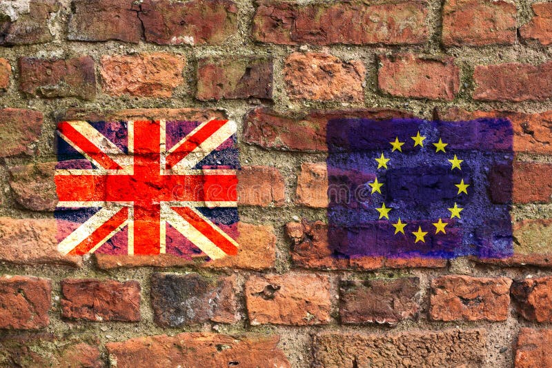 United Kingdom Union Jack and the European Union flags on a brick wall. Concept that brexit negotiations have hit a brick wall. United Kingdom Union Jack and the European Union flags on a brick wall. Concept that brexit negotiations have hit a brick wall.