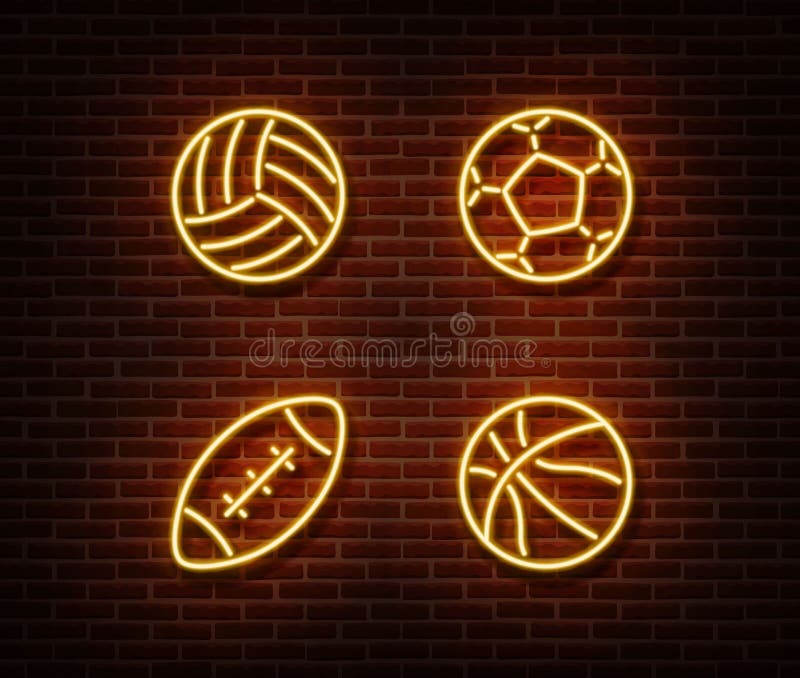 Le rugby au néon, le football, basket-ball, boules de volleyball signent le vecteur d'isolement sur le mur de briques Lig de boul illustration libre de droits Le rugby au néon, le football, basket-ball, boules de volleyball signent le vecteur d'isolement sur le mur de briques Lig de boul illustration libre de droits