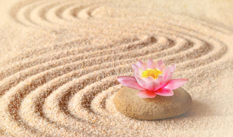 Le sable, le lis de fleur et les pierres de station thermale dans le zen font du jardinage photographie stock Le sable, le lis de fleur et les pierres de station thermale dans le zen font du jardinage photographie stock