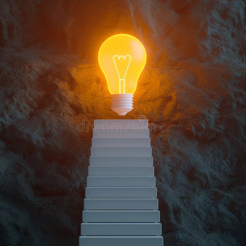 Le scale di rendering di foto 3d portano alla vittoria di una lampadina luminosa royalty illustrazione gratis