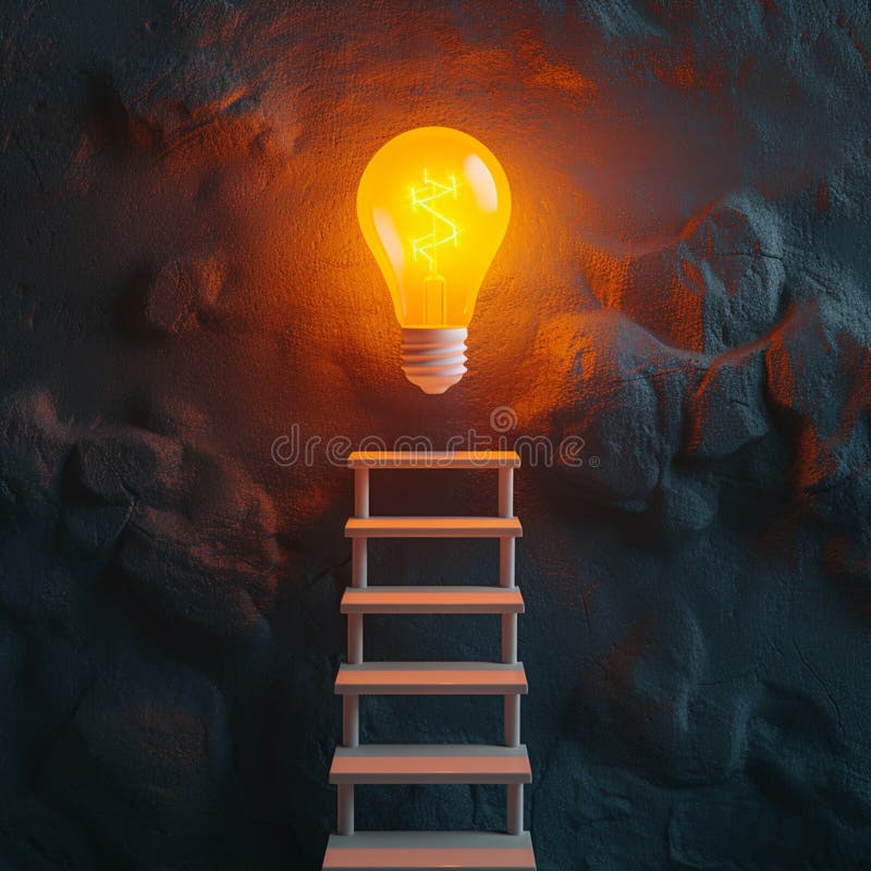 Le scale di rendering di foto 3d portano alla vittoria di una lampadina luminosa illustrazione vettoriale