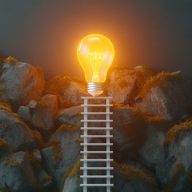 Le scale di rendering di foto 3d portano alla vittoria di una lampadina luminosa illustrazione vettoriale