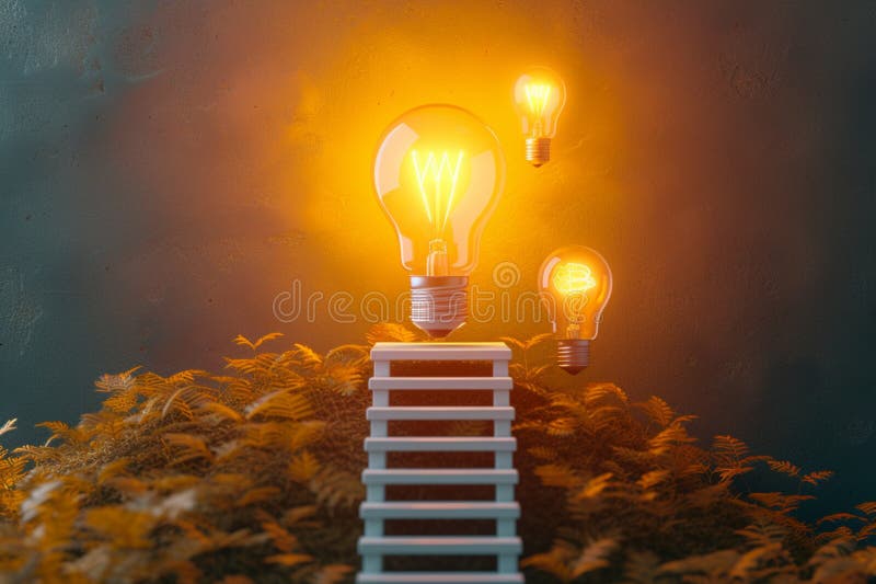 Le scale di rendering di foto 3d portano alla vittoria di una lampadina luminosa royalty illustrazione gratis