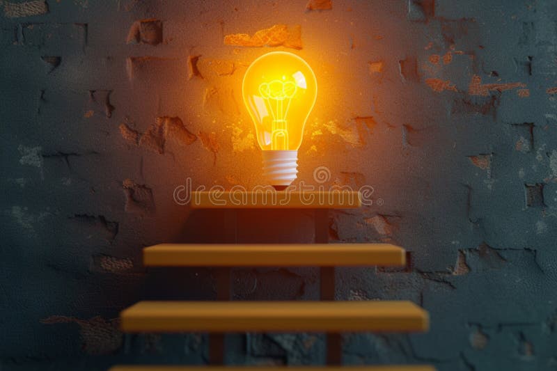 Le scale di rendering di foto 3d portano alla vittoria di una lampadina luminosa illustrazione vettoriale