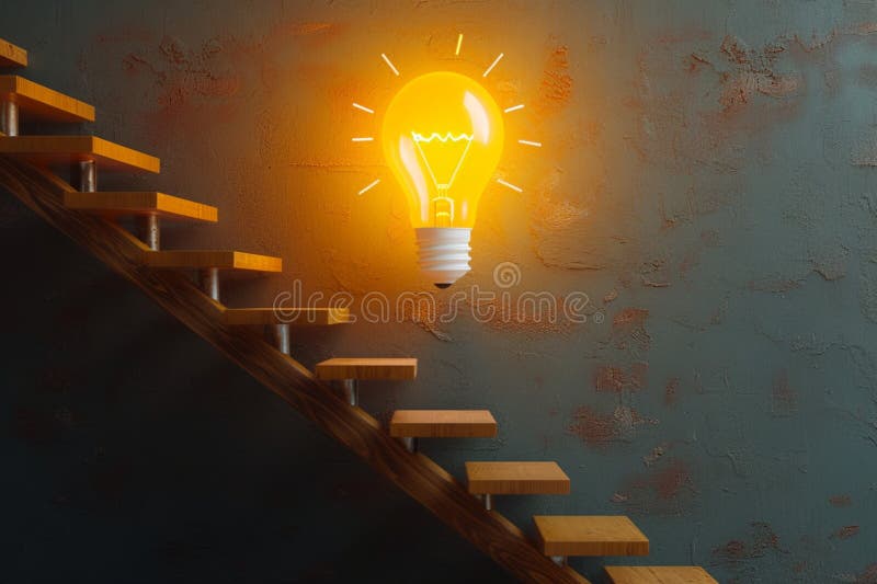 Le scale di rendering di foto 3d portano alla vittoria di una lampadina luminosa illustrazione vettoriale