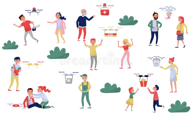 Le service de distribution de bourdon, quadrocopter livrant les boîtes commandées aux gens, les criminels de étirage dirigent l'i illustration de vecteur Le service de distribution de bourdon, quadrocopter livrant les boîtes commandées aux gens, les criminels de étirage dirigent l'i illustration de vecteur